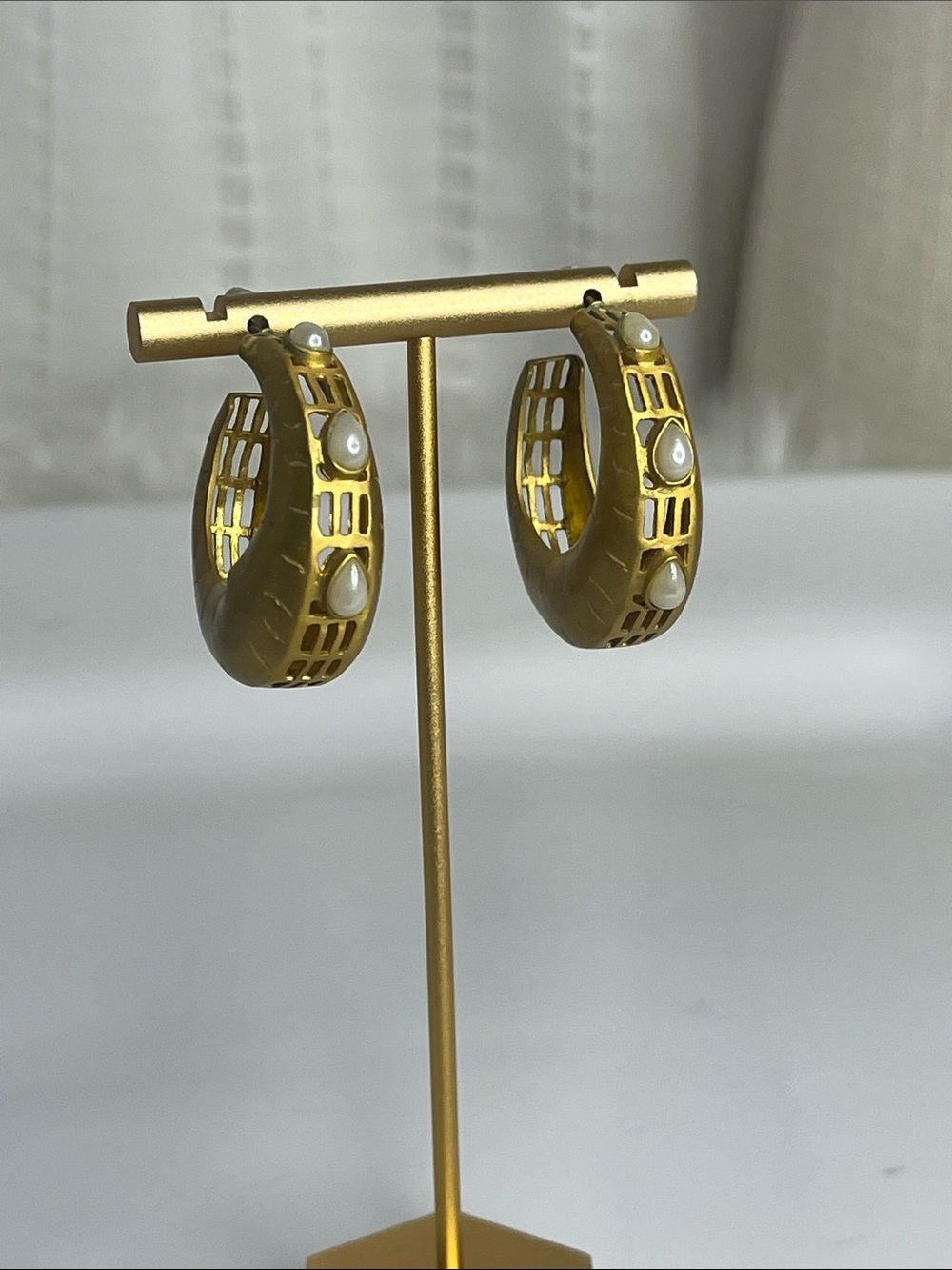 Gold-Tone Hoop Earrings with White Pearl Teardrop Accents
